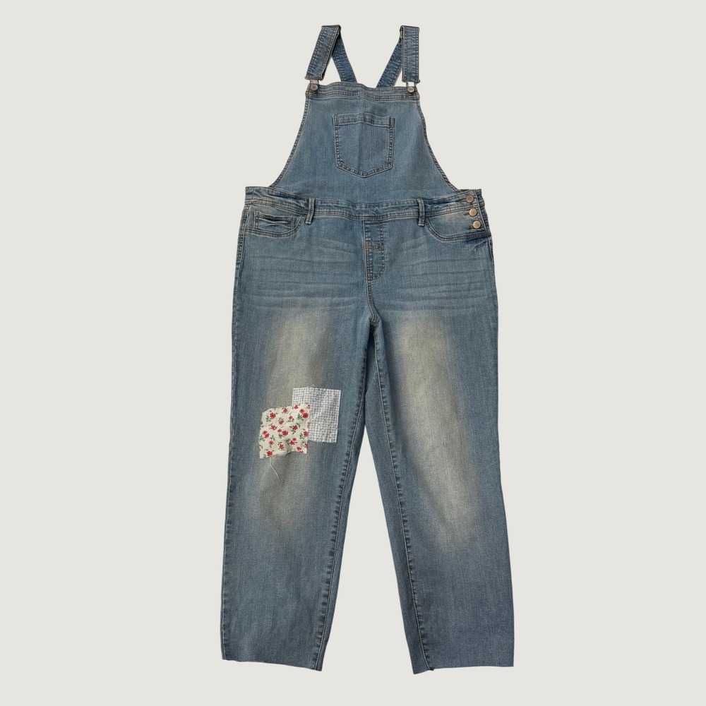 Maurices Denim Overalls Womens XL Medium Wash Patchwork Floral Cottagecore Bibs
